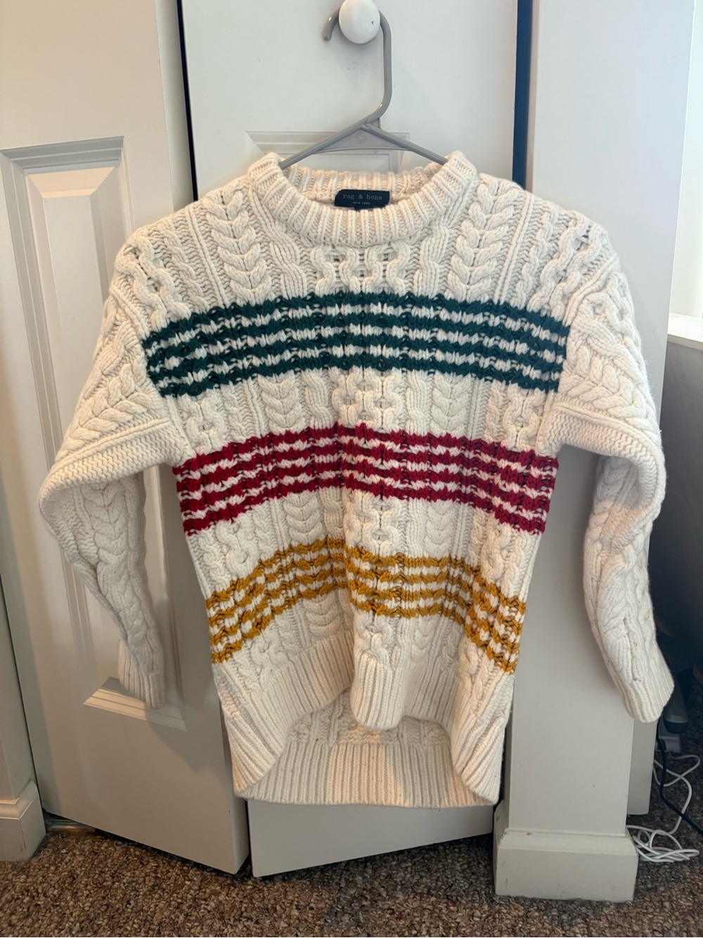 rag & bone Cream Cable Knit Sweater with Green, Red & Mustard Stripes